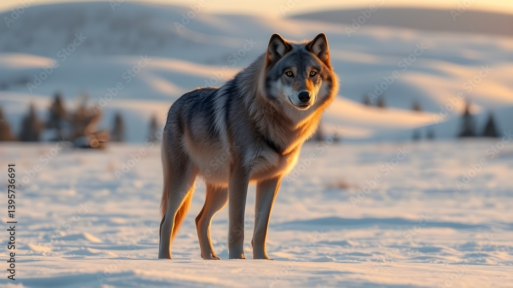 Naklejka premium Wolf, canine, animal, mammal, predator, wildlife, nature, snow, winter, cold, outdoors, standing, alert, watchful, furry, gray, white, tundra, arctic, wilderness, landscape, mountains, trees, sunlight