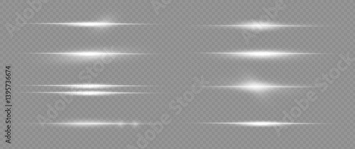 White horizontal lens flares pack. Laser beams, horizontal light rays. Beautiful light flares. Glowing streaks on light background. Luminous abstract sparkling lined background