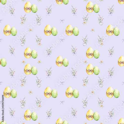 Pattern with a colorful eggs and a bouquets of snowdrop, willows and daffodil on a violet background.