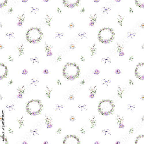 Pattern with a wreath of violets, snowdrops and willow, individual floral elements on a white background.