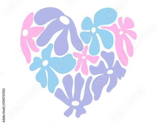 Abstract flowers and love shape poster. Organic drawing shapes matisse style, naive art. Heart vector illustration