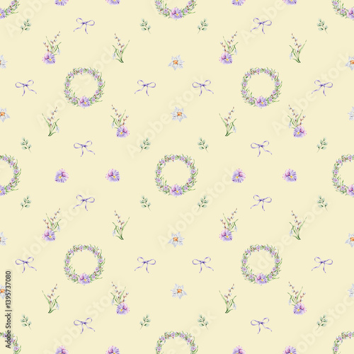 Pattern with a wreath of violets, snowdrops and willow, individual floral elements on a yellow background.