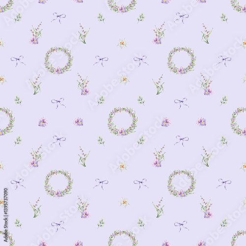 Pattern with a wreath of violets, snowdrops and willow, individual floral elements on a violet background.