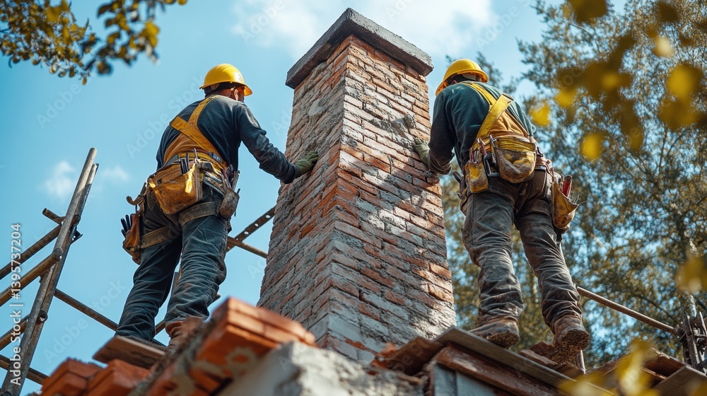 Construction Workers Building a Brick Structure on a Sunny Day Construction Workers Building a Brick Structure on a Sunny Day