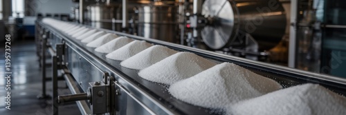 Sugar production process shows white granular sugar on conveyor belt in factory setting