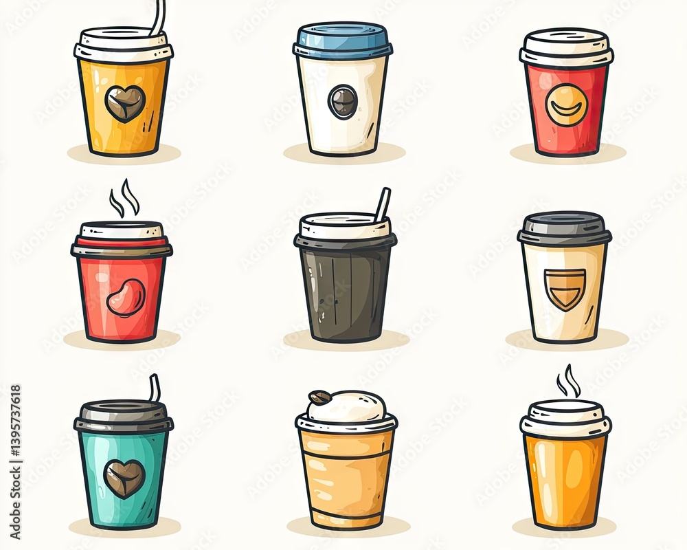Hand-drawn coffee cups in various colors Hand-drawn coffee cups in various colors