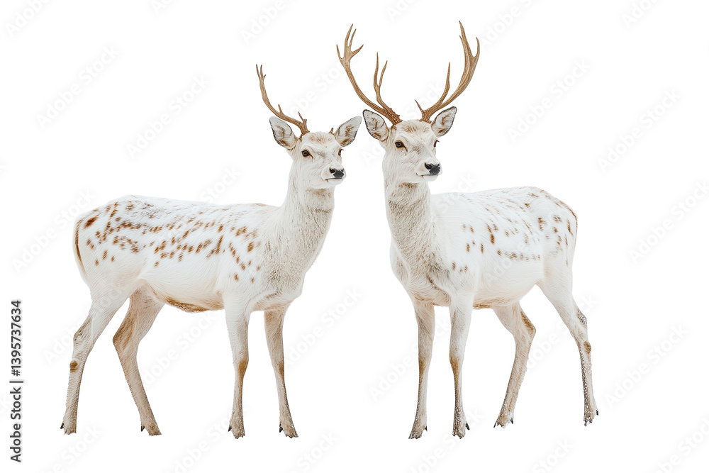 Obraz premium Two white deer with antlers in winter snow scene isolated on transparent background