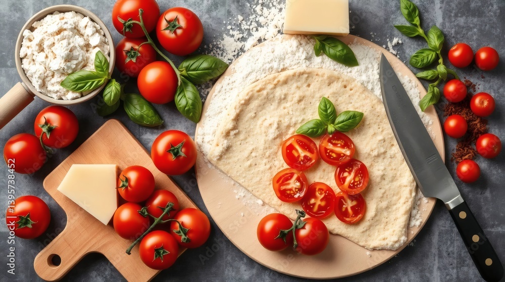 Fresh ingredients for homemade pizza preparation in a cozy kitchen Generative AI Fresh ingredients for homemade pizza preparation in a cozy kitchen Generative AI