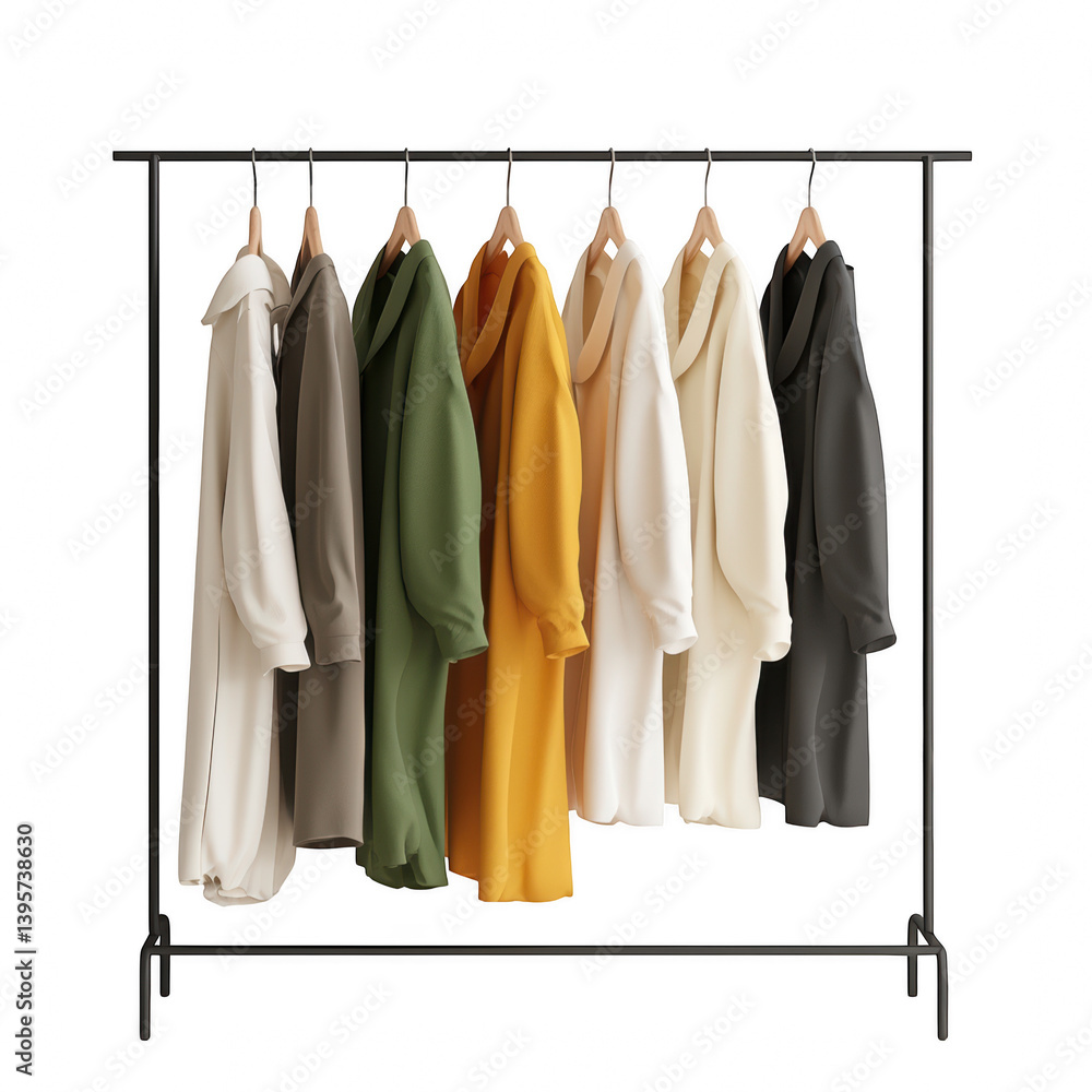 Minimalist clothing rack displaying plain garments studio setting product photography modern aesthetic Minimalist clothing rack displaying plain garments studio setting product photography modern aesthetic