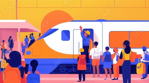 Train engineer waving from the window of a train departing a station, with passengers waiting on the platform.