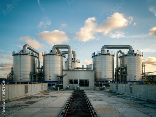 Industrial facility with large silos and pipelines under a clear blue sky during late afternoon