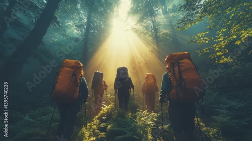 Adventurous Hikers Explore Sunlit Forest Path Amidst Lush Greenery