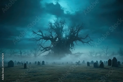 Spooky cemetery with giant tree and fog at night