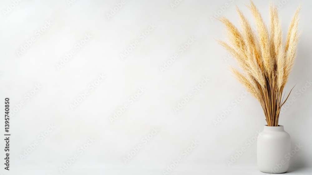 Naklejka premium A white ceramic vase holding dried wheat stalks on a minimalist white background, simple and elegant composition, and home decor concept.