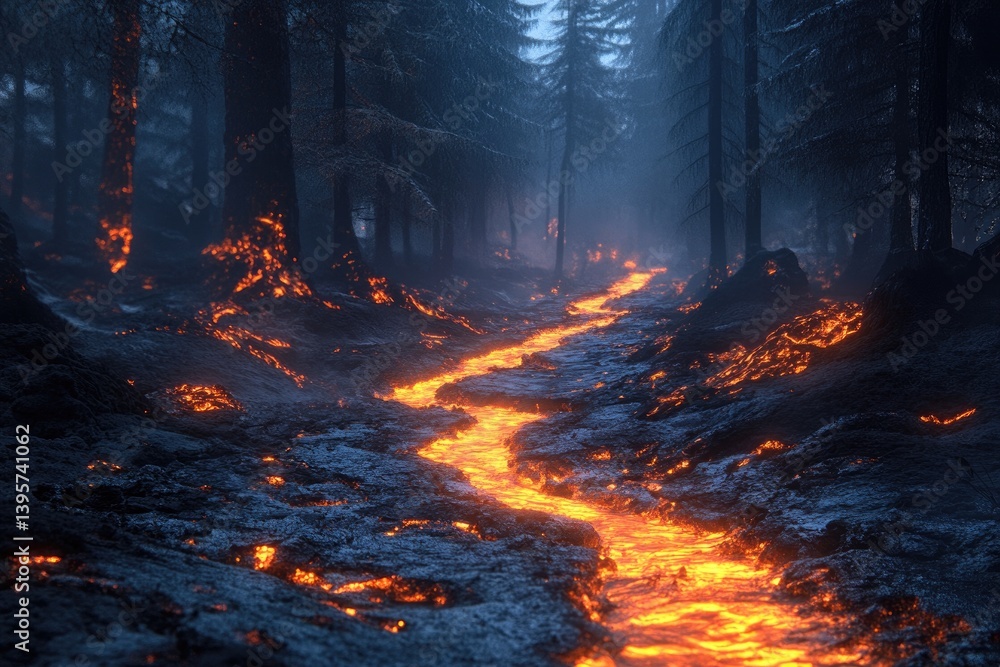 A glowing lava stream flows through a dark forest with tall trees and a misty atmosphere at twilight A glowing lava stream flows through a dark forest with tall trees and a misty atmosphere at twilight