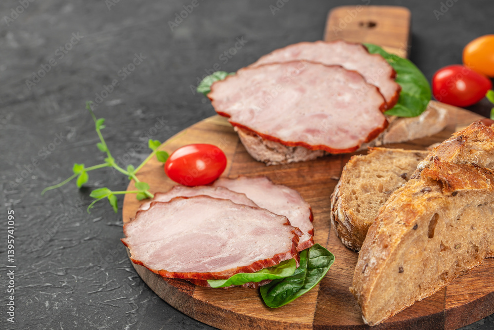 Sandwich with ham and vegetables on a dark background. top view. copy space for text Sandwich with ham and vegetables on a dark background. top view. copy space for text