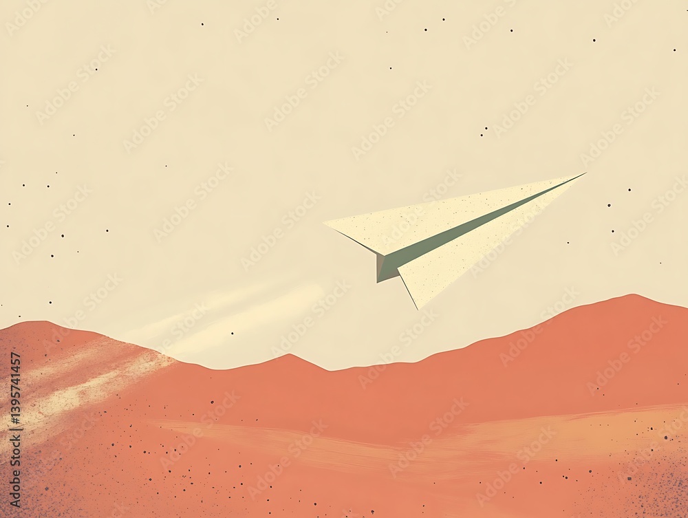 A paper airplane soaring over a desert landscape.