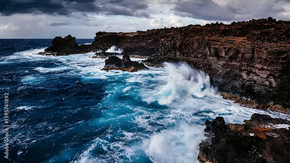 A rugged coastline with crashing waves and dark cliffs under a cloudy sky, highlighting the power of the ocean. Concept Rugged Coastline, Crashing Waves, Dark Cliffs, Cloudy Sky, Power of the Ocean A rugged coastline with crashing waves and dark cliffs under a cloudy sky, highlighting the power of the ocean. Concept Rugged Coastline, Crashing Waves, Dark Cliffs, Cloudy Sky, Power of the Ocean