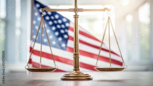 Reciprocal Tariffs. Import Tariffs USA 2025 Symbolic scales of justice with an American flag backdrop, representing law and order.