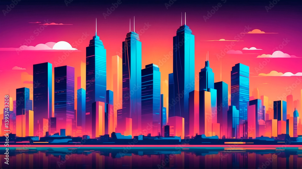 Obraz premium Vibrant city skyline at sunset showcasing colorful skyscrapers and clouds Generative AI