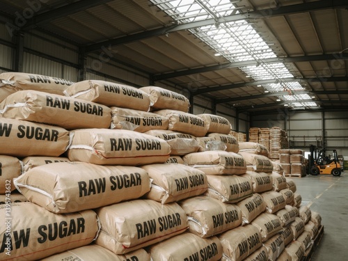 Raw sugar bags neatly stacked in a warehouse during daylight hours for storage and distribution operations