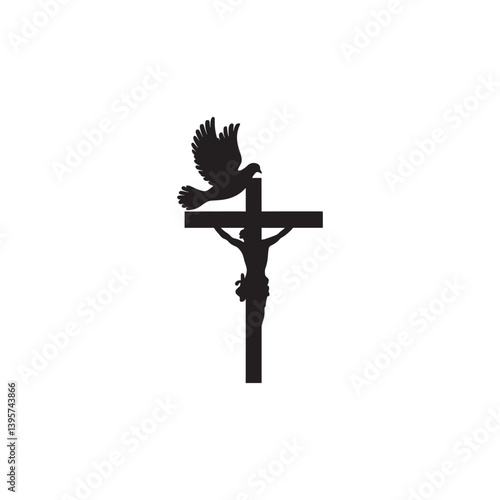 Dove and crucifix, Christianity virtue, peace and kindness symbol, vector.