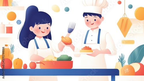 Two young chefs collaborate to perfect a French cuisine recipe with education theme