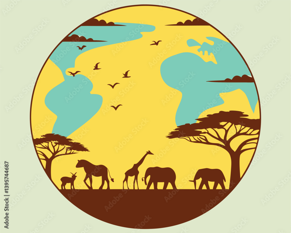 Naklejka premium African continent silhouette with wildlife scene at sunrise or sunset.