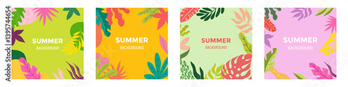 Square tropical leaf cards with minimalist and colorful design. Ideal for summer ads, branding, posters, banners, and invitations. Abstract layout for versatile marketing needs