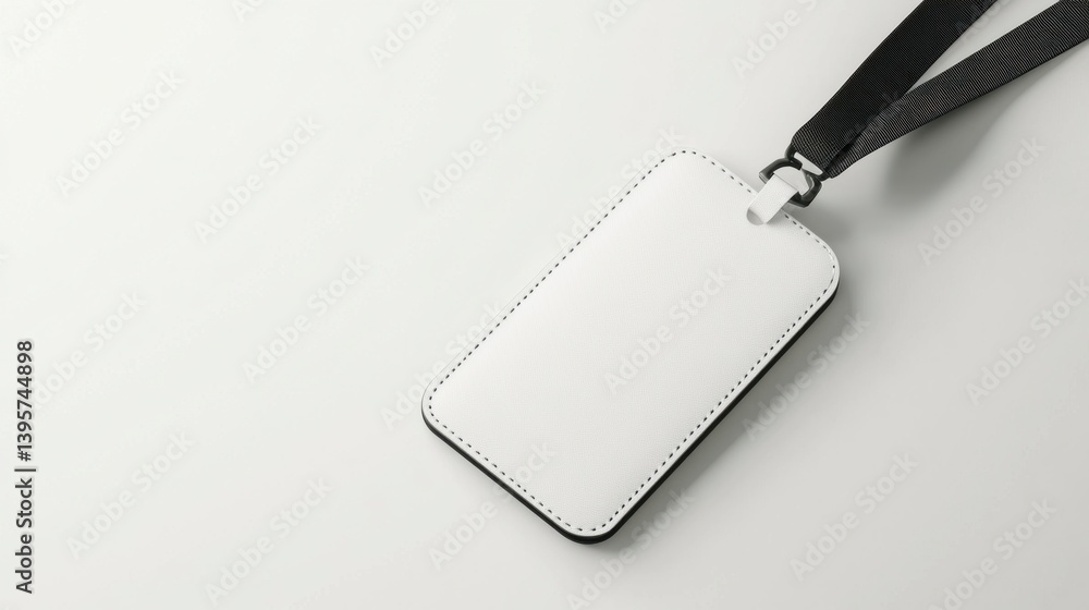 Fototapeta premium Blank white leather ID card holder with black lanyard on white background.