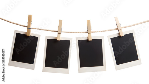 four blank instant photo frames hanging on a rope