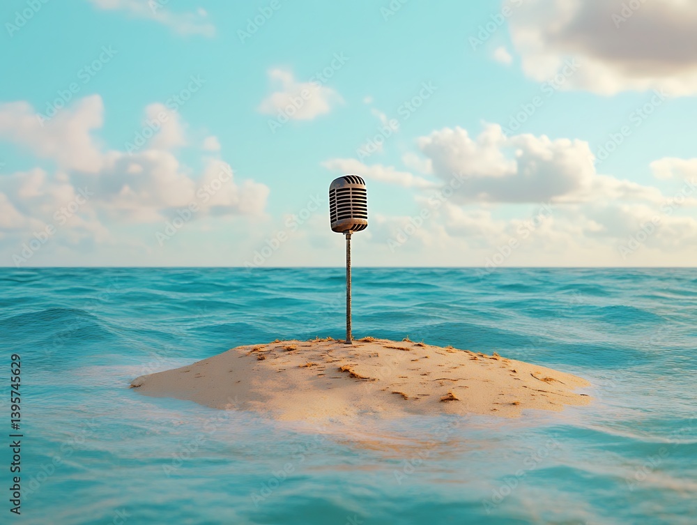 A vintage microphone on a tiny island in the ocean.