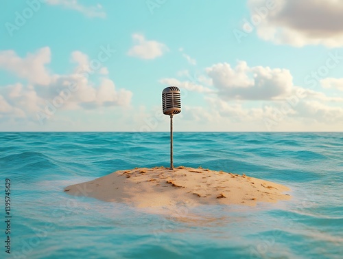 A vintage microphone on a tiny island in the ocean.