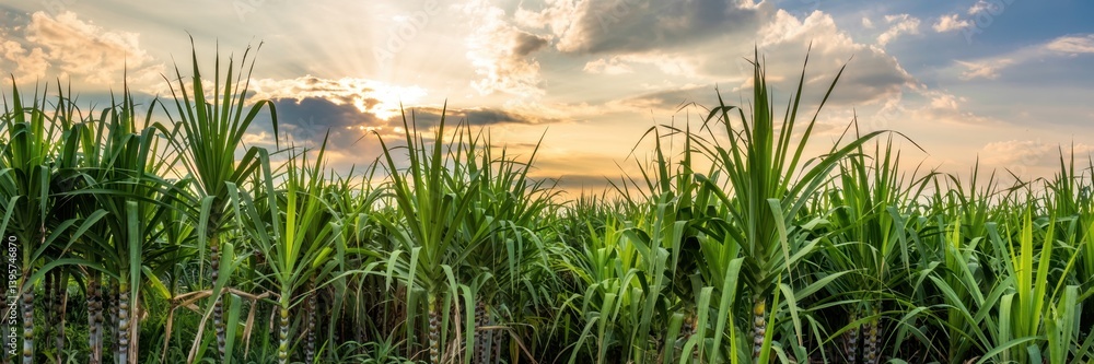 Fototapeta premium Sugarcane field at sunset with vibrant clouds and golden sunlight illuminating the crops