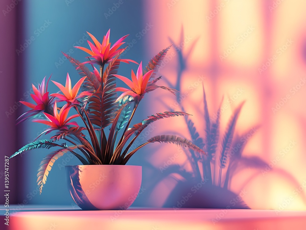 A vibrant, stylized tropical plant in a sleek, modern planter, bathed in a gradient of soft pastel hues.