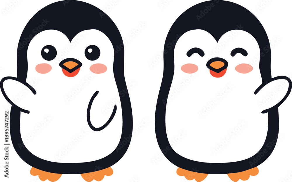Fototapeta premium Cute Winter Penguin – Cartoon Arctic Penguins in Hats, Scarves, and Holiday Outfits for Christmas, Kids Decor, Stickers, and Greeting Cards