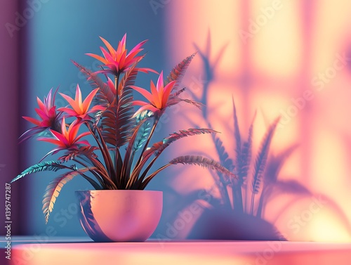 Obraz na płótnie A vibrant, stylized tropical plant in a sleek, modern planter, bathed in a gradient of soft pastel hues. w salonie
