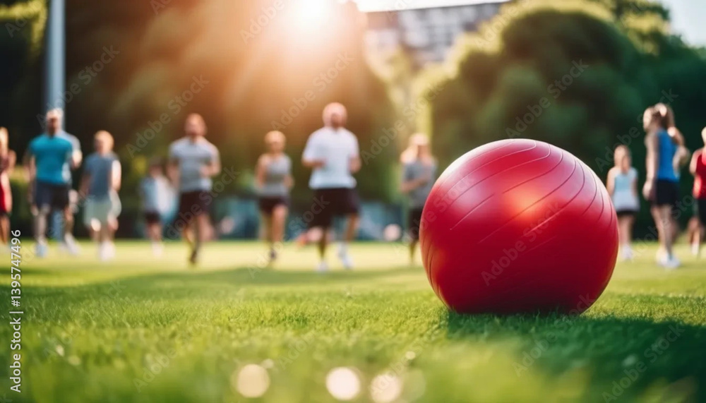 Exercising in the park. Red gym ball and group of people in the background.