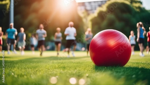 Obraz na płótnie Exercising in the park. Red gym ball and group of people in the background. w salonie