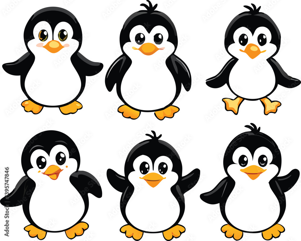 Obraz premium Cute Winter Penguin – Cartoon Arctic Penguins in Hats, Scarves, and Holiday Outfits for Christmas, Kids Decor, Stickers, and Greeting Cards