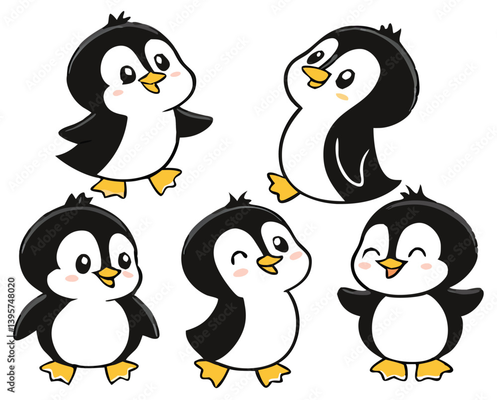 Fototapeta premium Cute Winter Penguin – Cartoon Arctic Penguins in Hats, Scarves, and Holiday Outfits for Christmas, Kids Decor, Stickers, and Greeting Cards