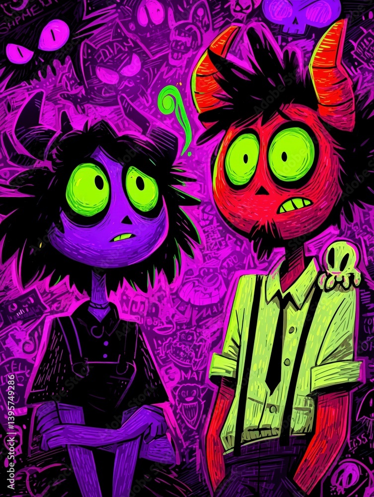 Dos personajes de dibujos animados con aspecto demoníaco, uno púrpura y el otro rojo, con expresiones exageradas y un fondo de estilo gótico. Dos personajes de dibujos animados con aspecto demoníaco, uno púrpura y el otro rojo, con expresiones exageradas y un fondo de estilo gótico.