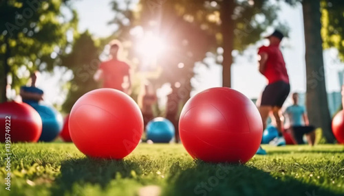 Exercising in the park. Red gym ball and group of people in the background. 
