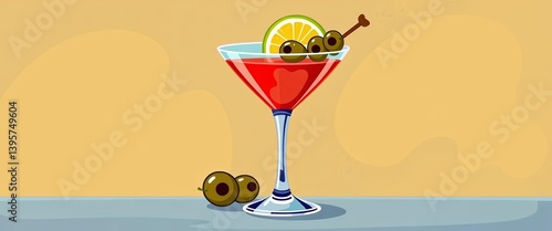 Whimsical cartoon martini glass, olives, citrus garnish, playful design, playful, vector