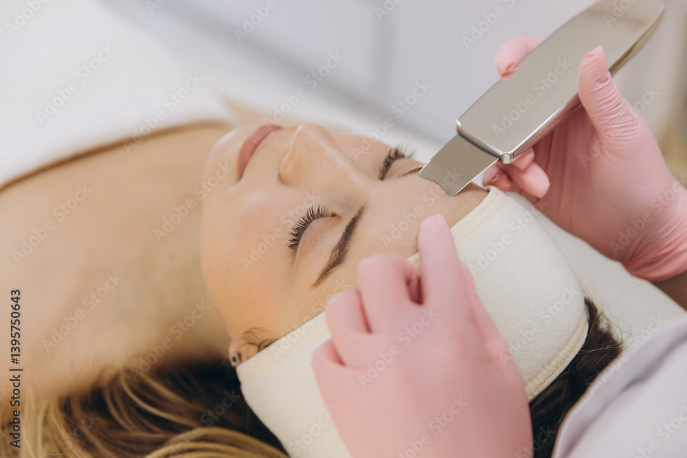 Naklejka premium Close up of a cosmetologist using an ultrasonic scrubber during a facial treatment, promoting healthy skin