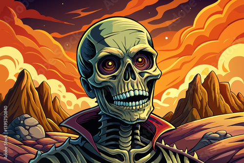 Skeleton character portrait on mysterious land under a strange colored sky, scary skull and halloween banner