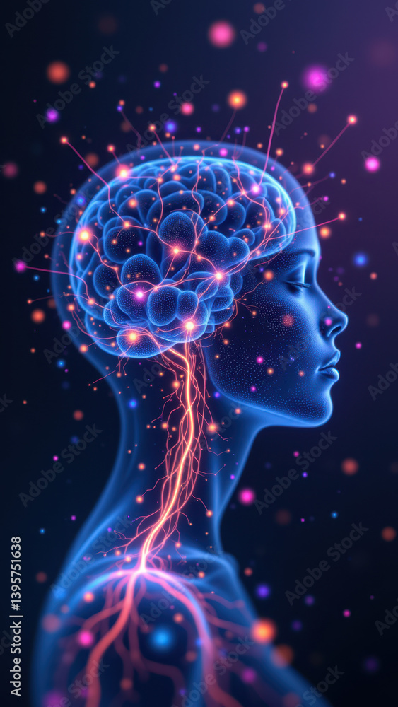 Image showcasing a concept of VNS (Vagus Nerve Stimulation) with a visual metaphor of electrical currents flowing through the head and spine. Image showcasing a concept of VNS (Vagus Nerve Stimulation) with a visual metaphor of electrical currents flowing through the head and spine.