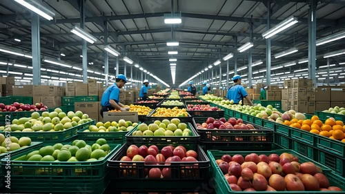 Fruit sorting facility with workers organizing apples and citrus in plastic crates under bright industrial lights inside large warehouse interior

