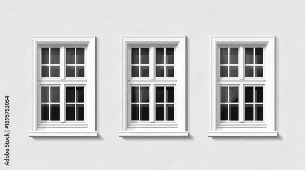 Obraz premium Three classic white windows on a light gray wall.