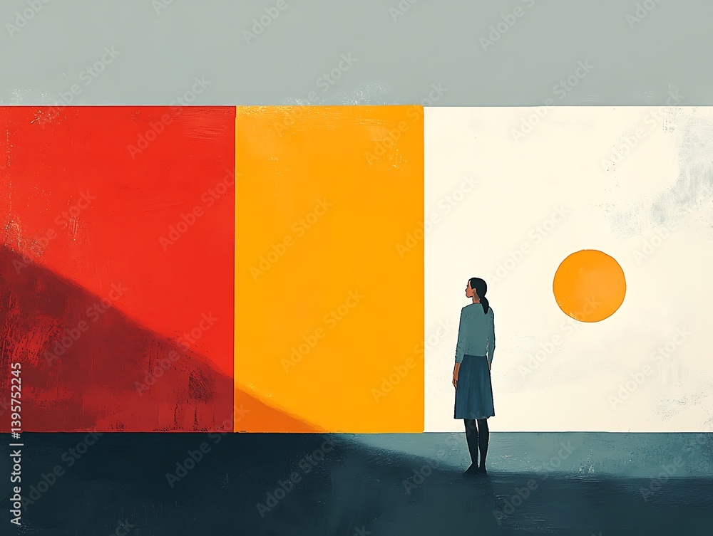 A solitary figure contemplates vibrant color panels.